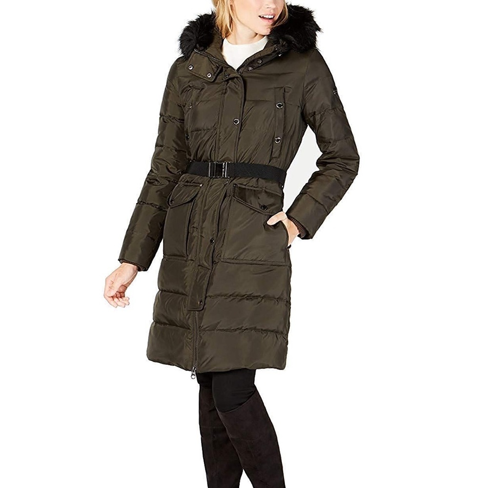 Michael Kors NWT Faux Fur Trim Belted Puffer Coat